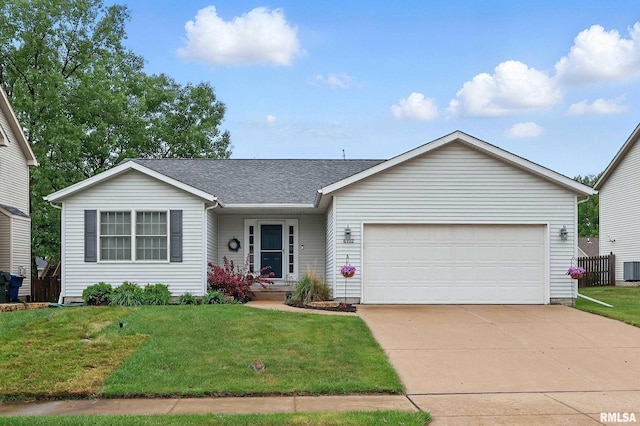 6732 Brookview Ln, Davenport, IA 52806 - ranch-style house with an attached garage, a front yard, a shingled roof, concrete driveway, and central AC unit
