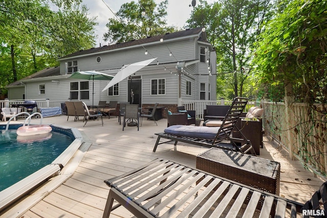 1816 Calico Rd, Marion, IL 62959 - rear view of property with a wooden deck, an outdoor living space, an outdoor pool, and outdoor dining space
