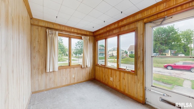 506 18th Ave, Moline, IL 61265 - unfurnished sunroom with wooden walls, baseboards, ornamental molding, and carpet