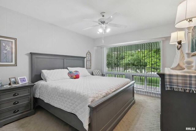 1104 Kimberly Rd Unit 1006, Bettendorf, IA 52722 - bedroom with light carpet, access to outside, and ceiling fan