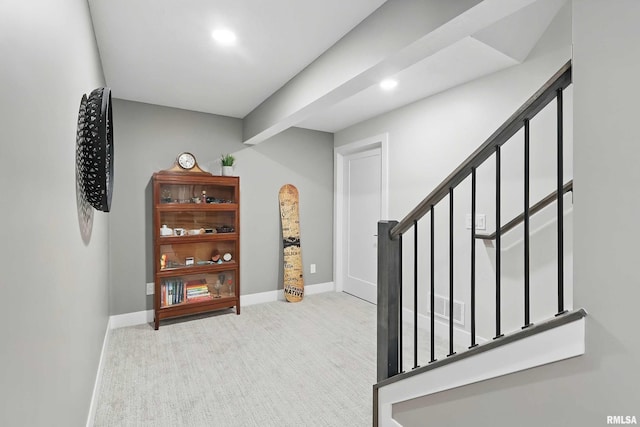 1327 Heights Ct, Bettendorf, IA 52803 - hall featuring carpet floors, stairway, recessed lighting, and baseboards