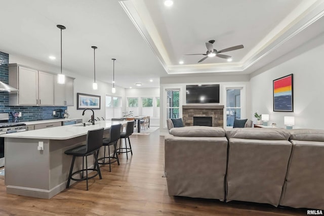 1327 Heights Ct, Bettendorf, IA 52803 - living area featuring ceiling fan, a stone fireplace, wood finished floors, a tray ceiling, and recessed lighting