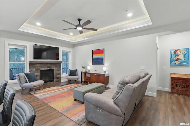 1327 Heights Ct, Bettendorf, IA 52803 - living room with a raised ceiling, a ceiling fan, wood finished floors, and recessed lighting
