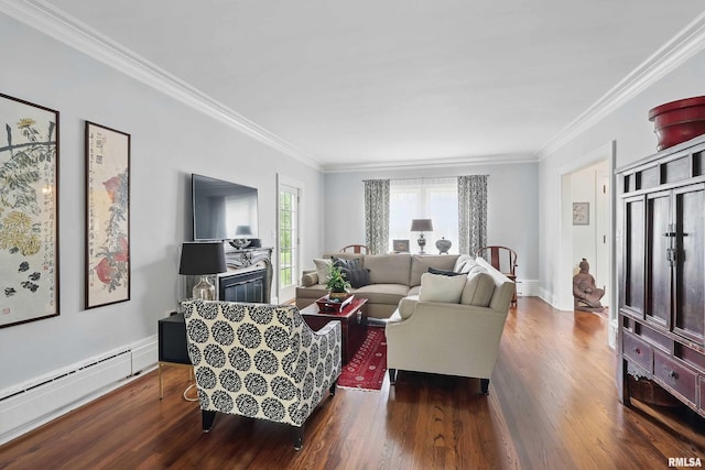 923 22nd St, Moline, IL 61265 - living room featuring crown molding, dark wood-style flooring, baseboard heating, a glass covered fireplace, and baseboards