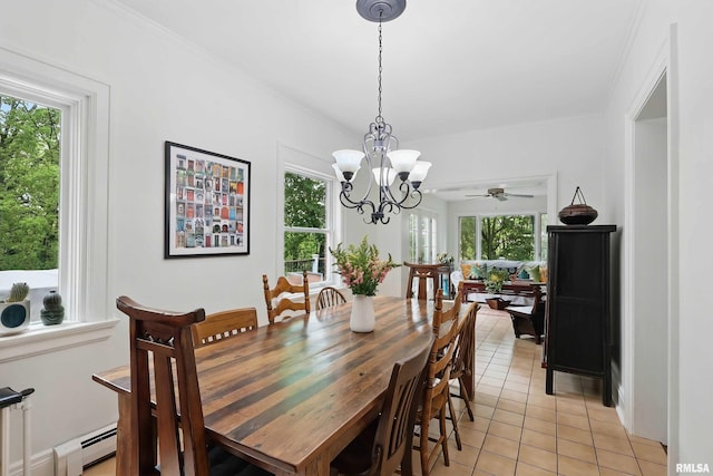 923 22nd St, Moline, IL 61265 - dining room featuring healthy amount of natural light, baseboard heating, light tile patterned flooring, and a ceiling fan