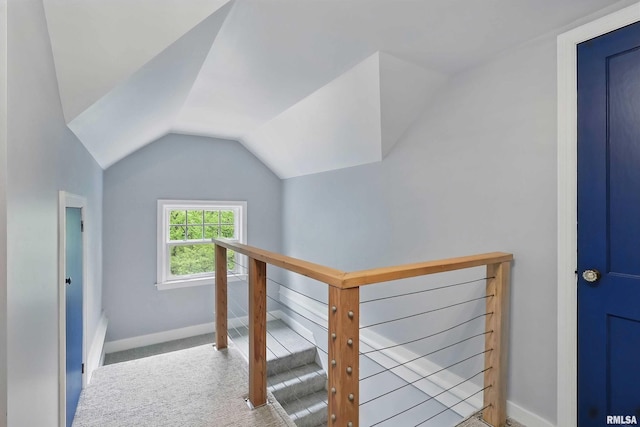 923 22nd St, Moline, IL 61265 - stairway with baseboards, vaulted ceiling, and carpet