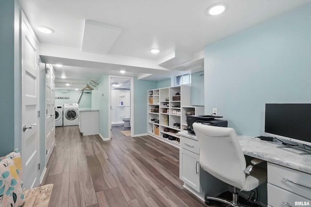 923 22nd St, Moline, IL 61265 - office with washing machine and dryer, dark wood-type flooring, recessed lighting, and baseboards
