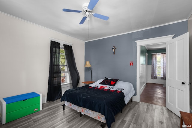 503 SW 4th Ave, Galva, IL 61434 - bedroom with multiple windows, wood finished floors, ornamental molding, and a ceiling fan