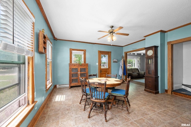 503 SW 4th Ave, Galva, IL 61434 - dining area with crown molding, healthy amount of natural light, a ceiling fan, baseboard heating, and baseboards