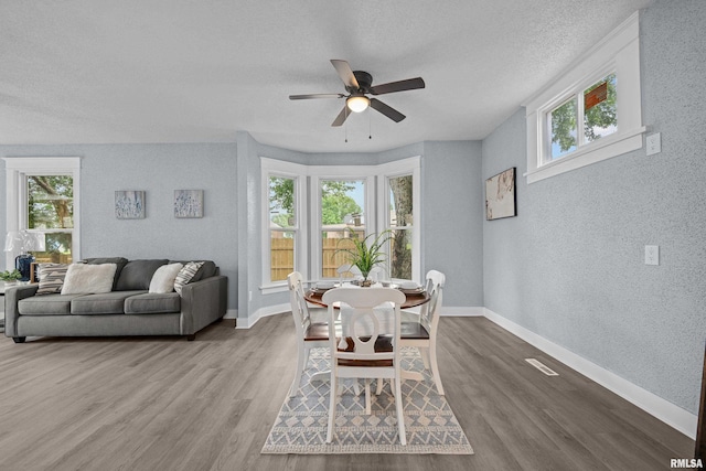 1312 Ripley St, Davenport, IA 52803 - dining space with a textured wall, ceiling fan, wood finished floors, baseboards, and a textured ceiling