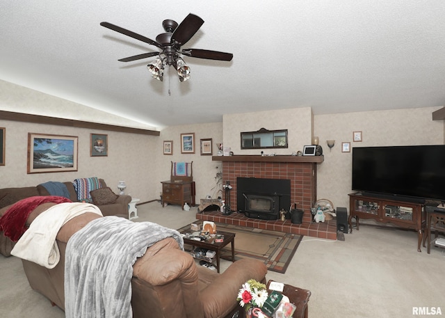 2015 N Zenith Ave, Davenport, IA 52804 - carpeted living area featuring ceiling fan, lofted ceiling, and a textured ceiling