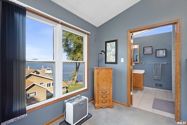 22867 Great River Rd, Le Claire, IA 52753 - bedroom featuring vaulted ceiling, a water view, baseboards, carpet flooring, and ensuite bathroom