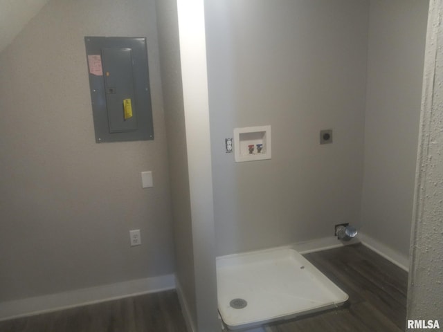 1812 Pershing Ave, Davenport, IA 52803 - washroom featuring electric panel, wood finished floors, hookup for an electric dryer, and washer hookup