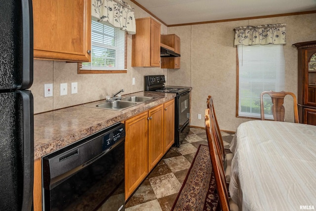 402 S Meadow St, Royalton, IL 62983 - kitchen featuring black appliances, crown molding, under cabinet range hood, and a sink