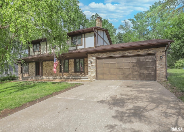 3 Wildwood Trl, Bettendorf, IA 52722 - tudor house with driveway, brick siding, a chimney, and a front yard