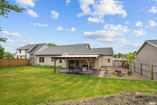 510 W Pinehurst Dr, Eldridge, IA 52748 - back of property featuring a patio area, a fire pit, and roof with shingles