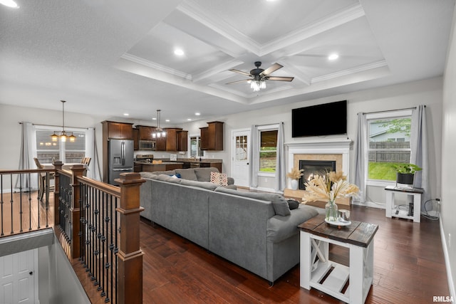 510 W Pinehurst Dr, Eldridge, IA 52748 - living area featuring ceiling fan, healthy amount of natural light, dark wood-style flooring, coffered ceiling, and recessed lighting