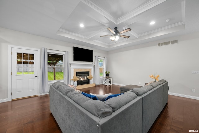 510 W Pinehurst Dr, Eldridge, IA 52748 - living area with crown molding, baseboards, coffered ceiling, a glass covered fireplace, and beamed ceiling