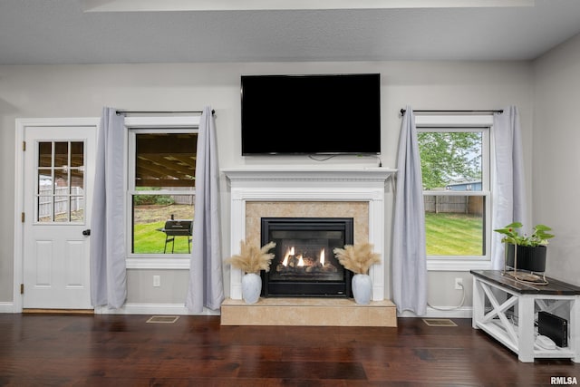 510 W Pinehurst Dr, Eldridge, IA 52748 - living room with baseboards, wood finished floors, and a high end fireplace