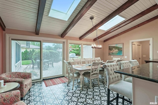 2312 Windsor Dr, Davenport, IA 52807 - tiled dining space with a skylight, a chandelier, and wooden ceiling