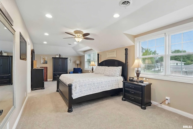 2312 Windsor Dr, Davenport, IA 52807 - bedroom with light carpet, baseboards, recessed lighting, ceiling fan, and vaulted ceiling