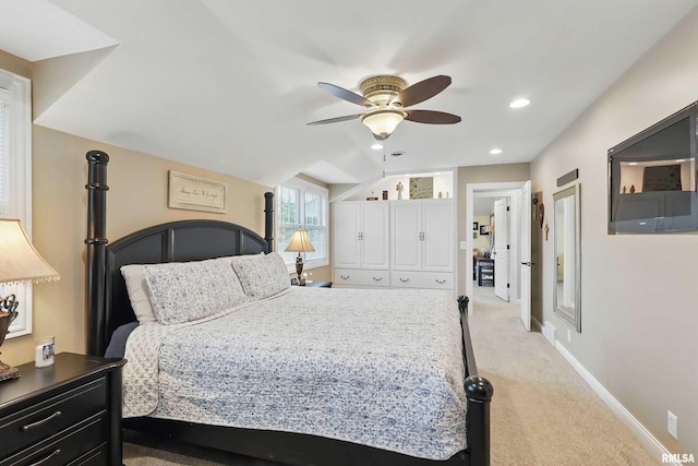 2312 Windsor Dr, Davenport, IA 52807 - bedroom featuring light carpet, baseboards, a ceiling fan, recessed lighting, and lofted ceiling