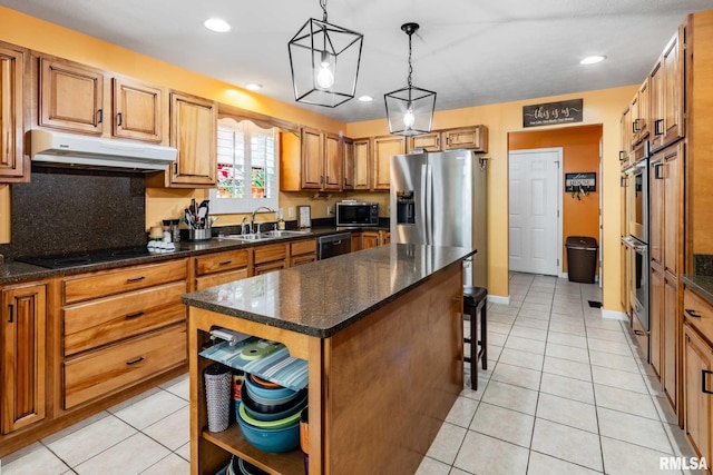 605 Lakeshore Dr S, Goreville, IL 62939 - kitchen with open shelves, under cabinet range hood, black appliances, light tile patterned flooring, and recessed lighting