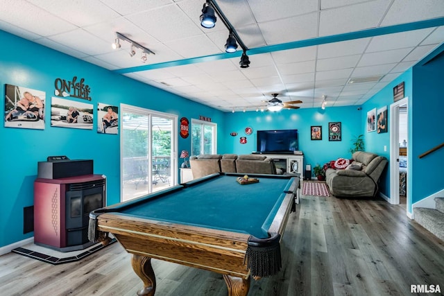 605 Lakeshore Dr S, Goreville, IL 62939 - rec room with rail lighting, wood finished floors, a ceiling fan, a paneled ceiling, and pool table