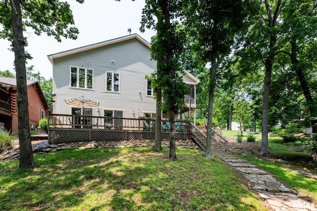 605 Lakeshore Dr S, Goreville, IL 62939 - back of house with a wooden deck, a yard, and stairs