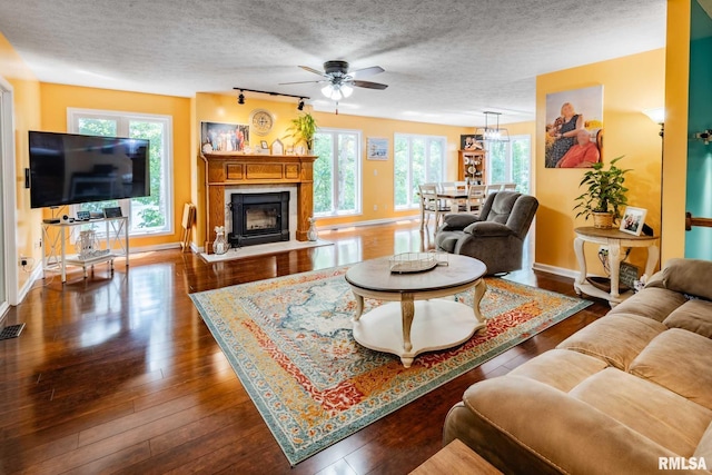605 Lakeshore Dr S, Goreville, IL 62939 - living area featuring a ceiling fan, a textured ceiling, healthy amount of natural light, and dark wood-style flooring