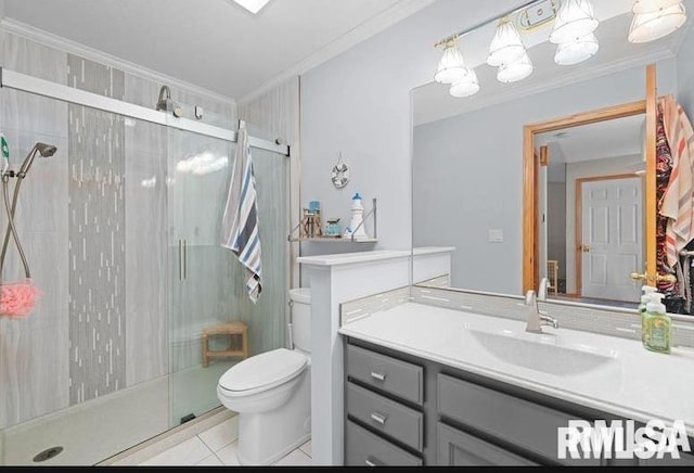 2521 W 63rd St, Davenport, IA 52806 - full bathroom featuring toilet, vanity, tile patterned flooring, ornamental molding, and a shower stall