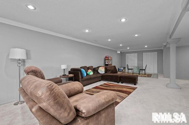 2521 W 63rd St, Davenport, IA 52806 - carpeted living area featuring crown molding, decorative columns, recessed lighting, and baseboards