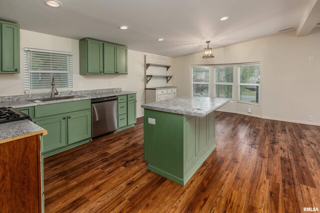 1104 E Lindell St, West Frankfort, IL 62896 - kitchen featuring stainless steel dishwasher, green cabinetry, a sink, recessed lighting, and vaulted ceiling