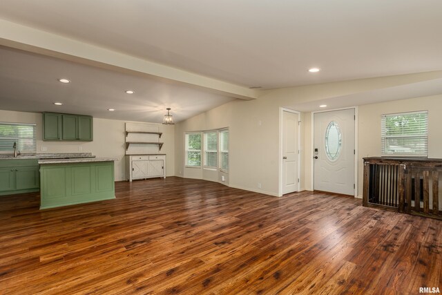 1104 E Lindell St, West Frankfort, IL 62896 - unfurnished living room with dark wood finished floors, a sink, recessed lighting, and baseboards
