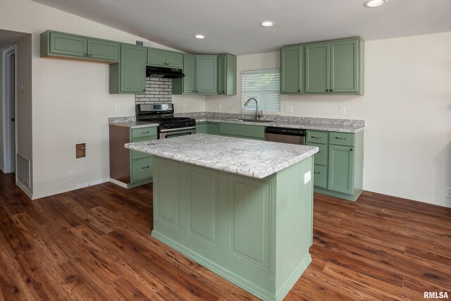 1104 E Lindell St, West Frankfort, IL 62896 - kitchen with green cabinets, stainless steel appliances, a sink, ventilation hood, and a kitchen island