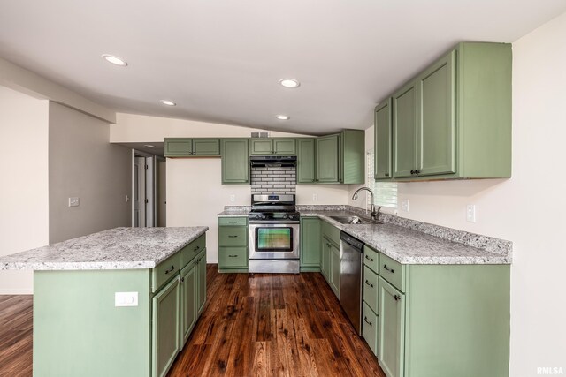 1104 E Lindell St, West Frankfort, IL 62896 - kitchen featuring stainless steel appliances, green cabinetry, a sink, dark wood-style floors, and lofted ceiling