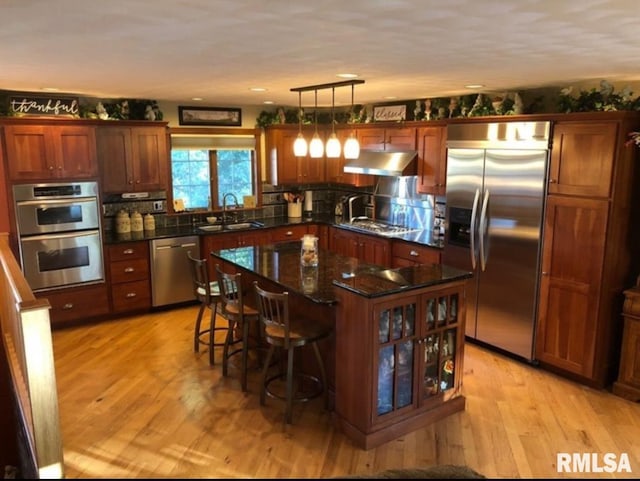 462 Circle Dr, Kewanee, IL 61443 - kitchen featuring stainless steel appliances, under cabinet range hood, a sink, a kitchen breakfast bar, and light wood finished floors