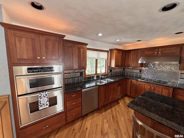 462 Circle Dr, Kewanee, IL 61443 - kitchen featuring stainless steel appliances, a sink, under cabinet range hood, light wood-type flooring, and decorative backsplash