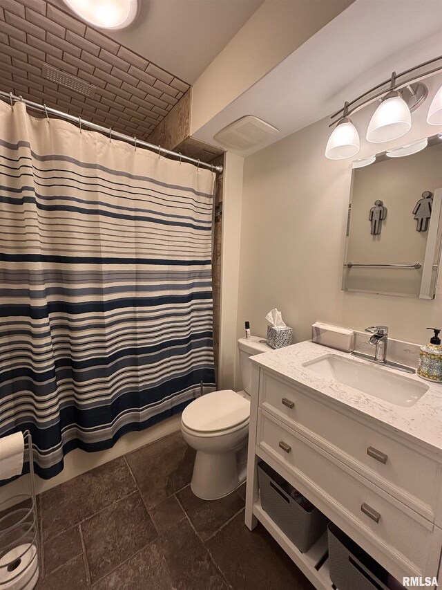 462 Circle Dr, Kewanee, IL 61443 - bathroom with toilet, vanity, a shower with curtain, and stone finish flooring