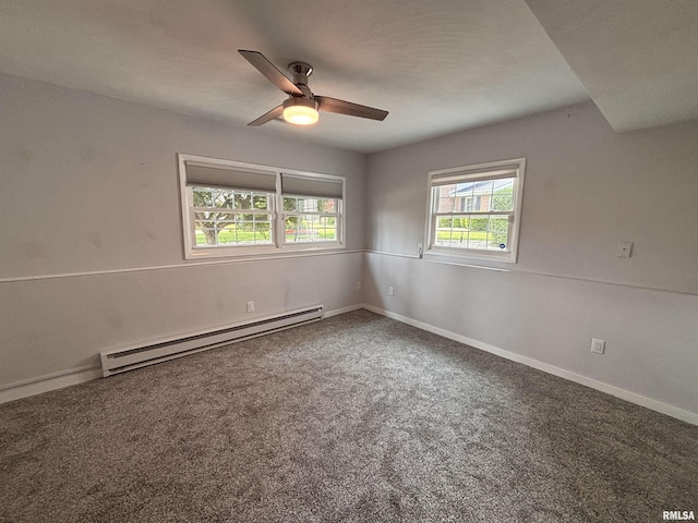 462 Circle Dr, Kewanee, IL 61443 - empty room featuring a baseboard radiator, ceiling fan, carpet floors, and baseboards