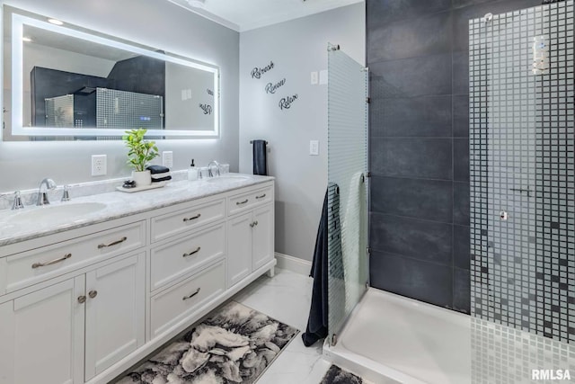 3160 Sycamore Rd, Carterville, IL 62918 - bathroom with marble look tiles, a tile shower, double vanity, and ornamental molding