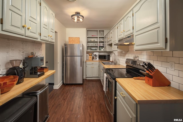 807 Spalding Blvd, Davenport, IA 52804 - kitchen featuring appliances with stainless steel finishes, butcher block countertops, under cabinet range hood, backsplash, and dark wood-style flooring