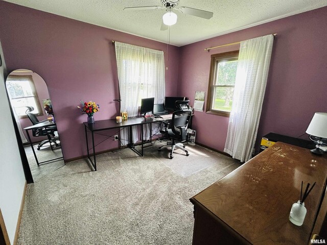 709S 4th St S, Maquoketa, IA 52060 - office area featuring arched walkways, a ceiling fan, plenty of natural light, and a textured ceiling