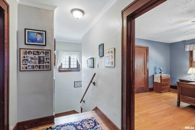 924 Brown St, Bettendorf, IA 52722 - corridor featuring an upstairs landing, light wood-style floors, ornamental molding, and baseboards