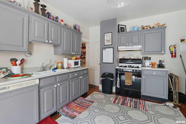 1931 E 11th St, Davenport, IA 52803 - kitchen with gray cabinets, white appliances, under cabinet range hood, a sink, and light countertops