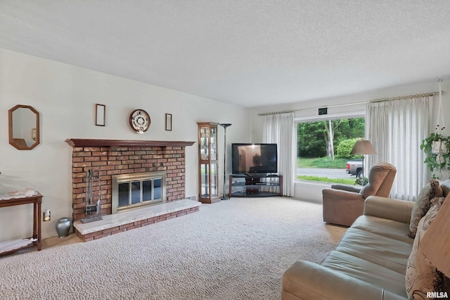 1119 14th St, Bettendorf, IA 52722 - carpeted living area featuring a fireplace and a textured ceiling