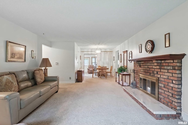 1119 14th St, Bettendorf, IA 52722 - carpeted living room featuring a brick fireplace and baseboards