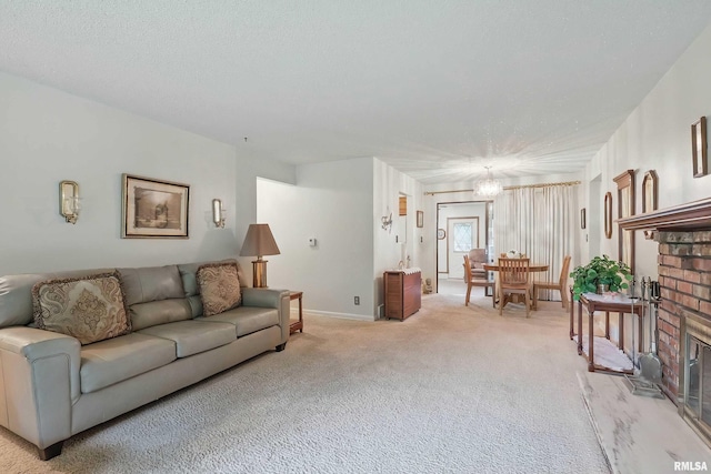 1119 14th St, Bettendorf, IA 52722 - living area featuring light carpet, a fireplace, a chandelier, and baseboards