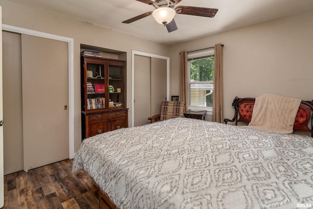 615 W Grand Ave, Carterville, IL 62918 - bedroom with dark wood-type flooring, two closets, and ceiling fan