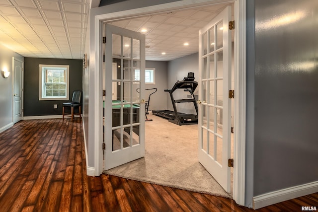 1404 Belle Terre Ct, Herrin, IL 62948 - workout room with wood finished floors, baseboards, recessed lighting, and french doors
